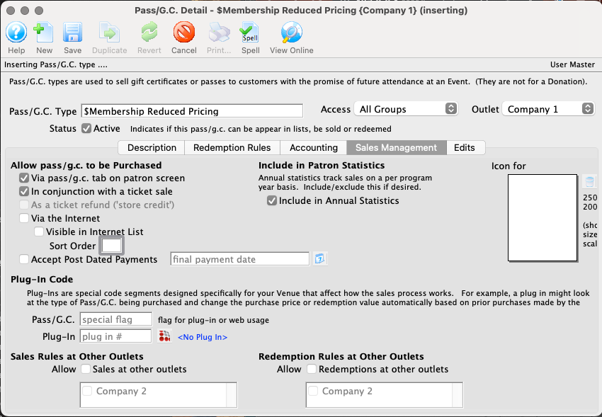 Pass Setup Detail Window >> Sales Management Tab