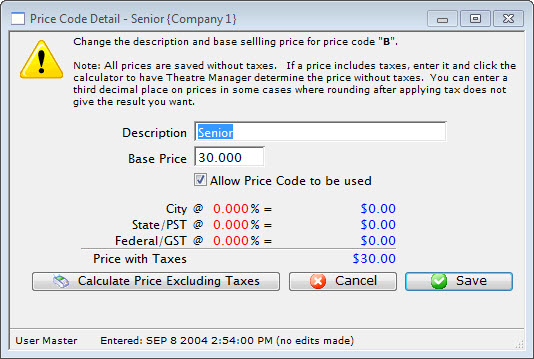 Price Code Detail Window