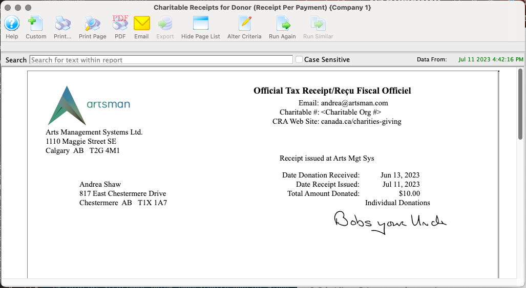 Finished Tax Receipt Report Window