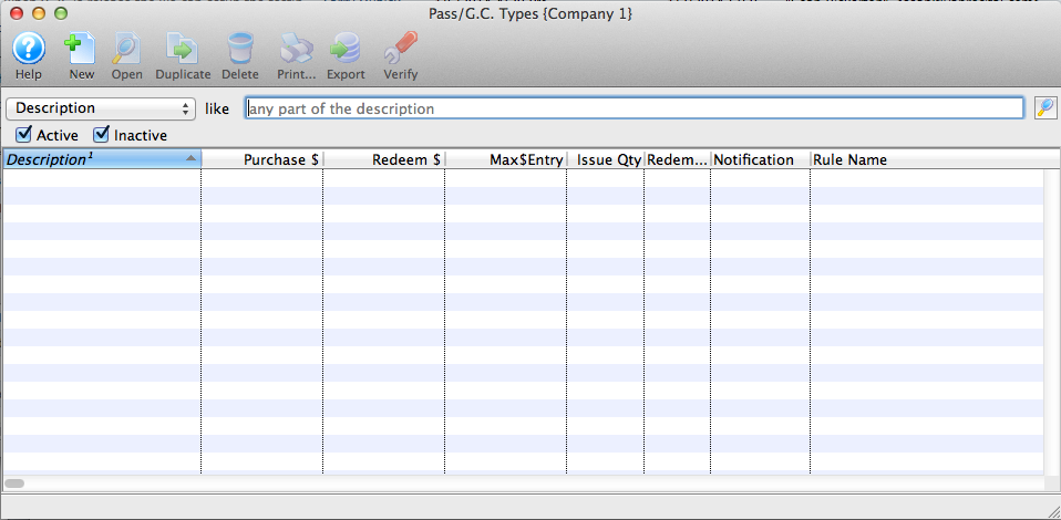 Pass Setup List Window