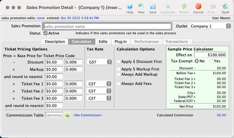 Promotion Detail Window >> Calculation Tab