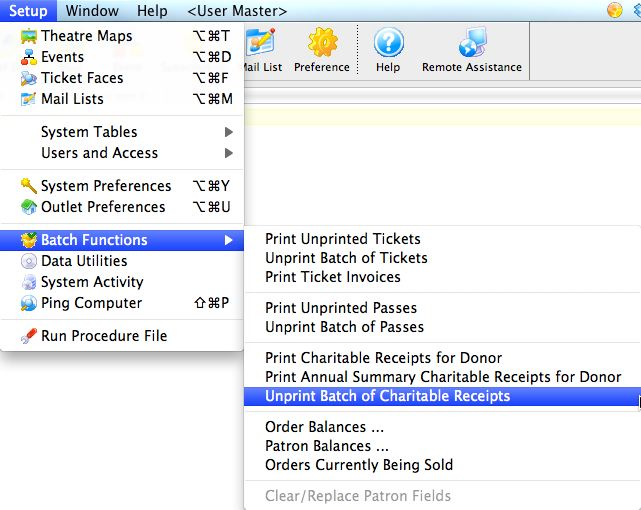 Setup >>Batch Functions >> Unprint Batch of Charitable Receipts