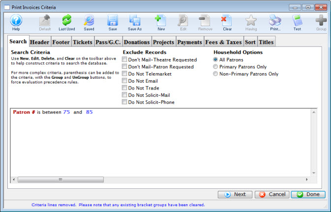 Criteria Window