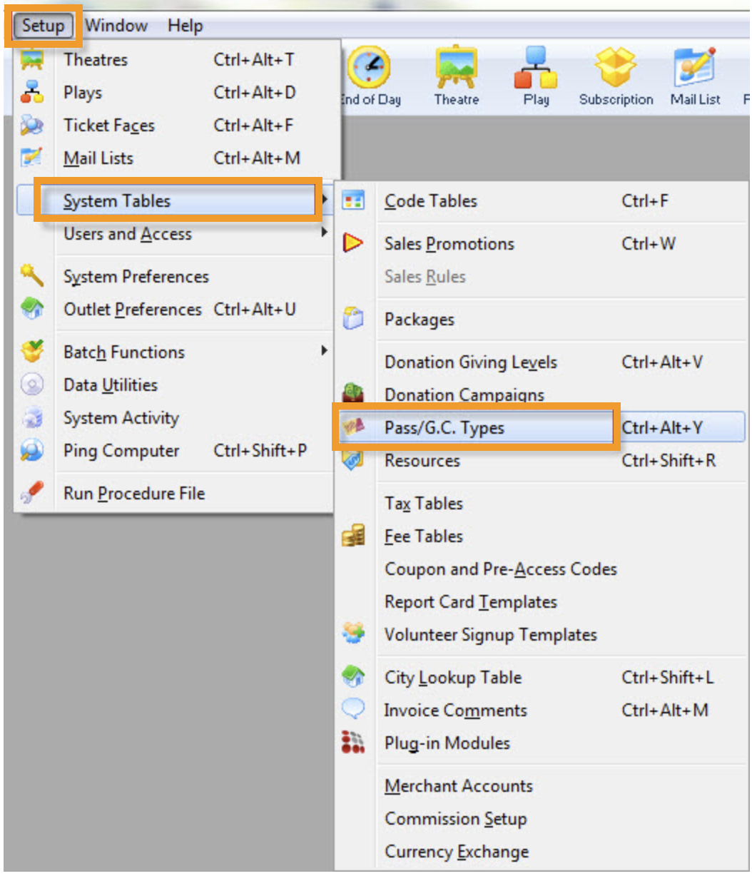 Setup Menu >> System Tables >> Pass G/C Types