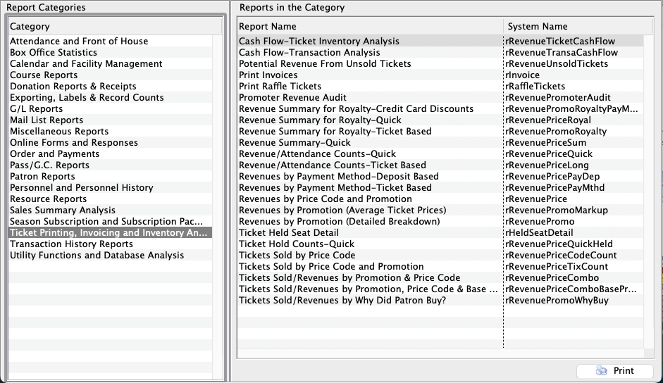 Ticket Printing, Invoicing, and Inventory Category