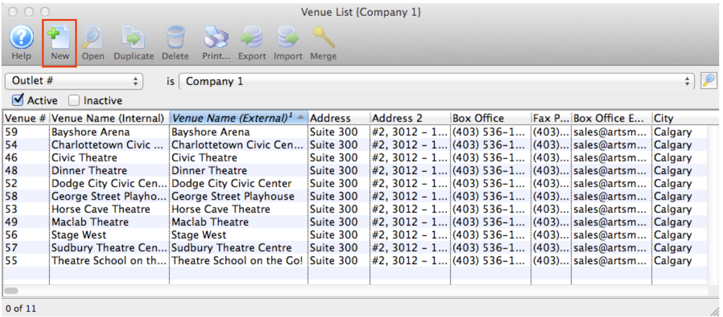 Venue List window