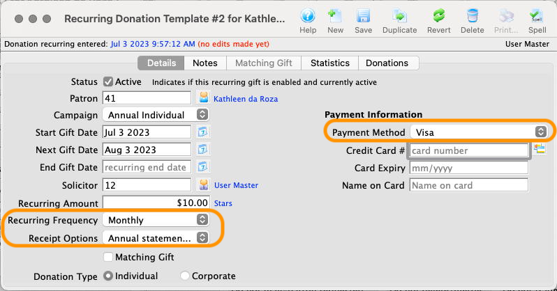 Recurring Template Detail Window