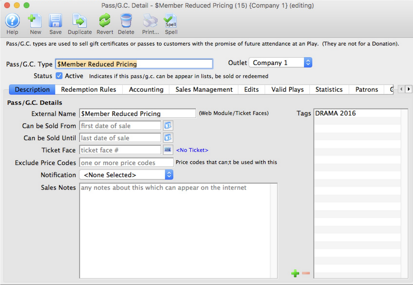 Pass Setup Detail Window >> Description Tab