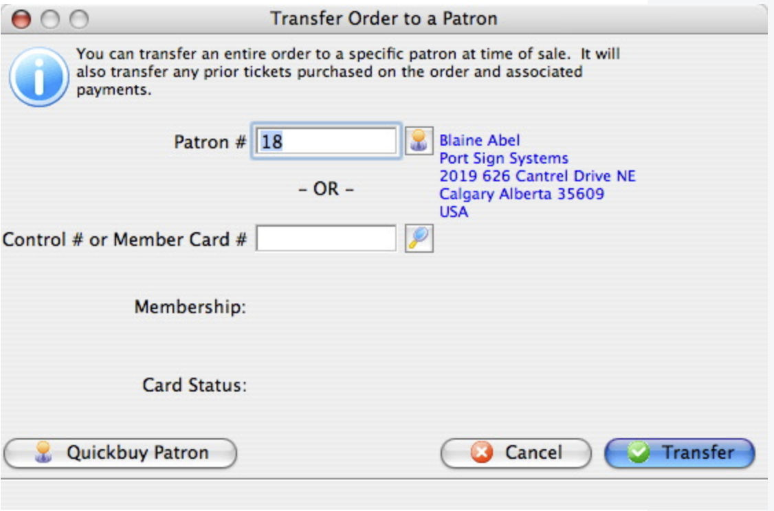 Transfer Order Window