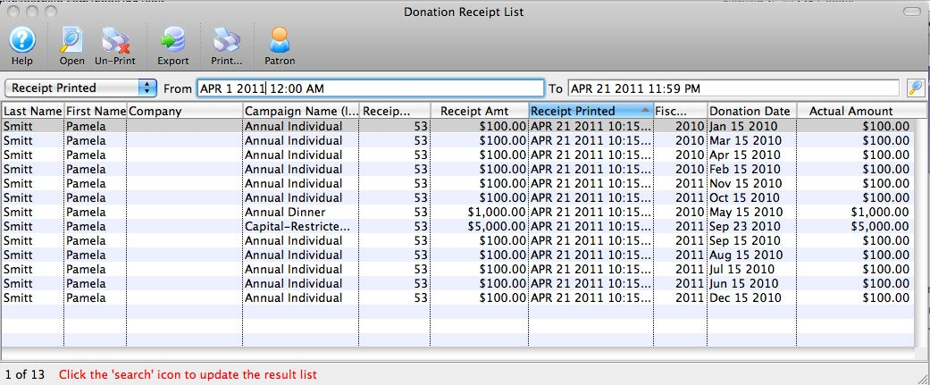 Unprint Receipt List Window