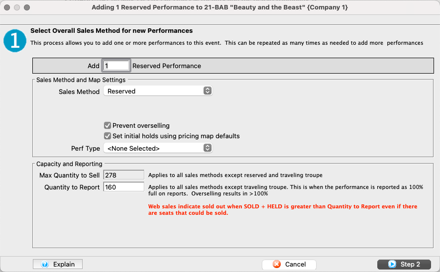 Performance Creation Window >> Step 1