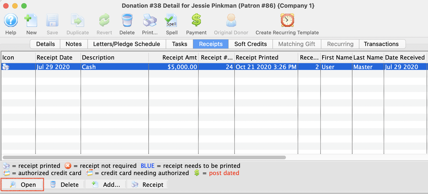 Donation Detail Window > Receipt Tab