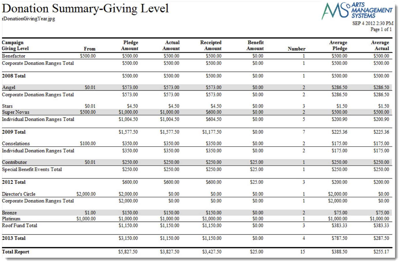 Donor Summary - Giving Level & Year (Fiscal)