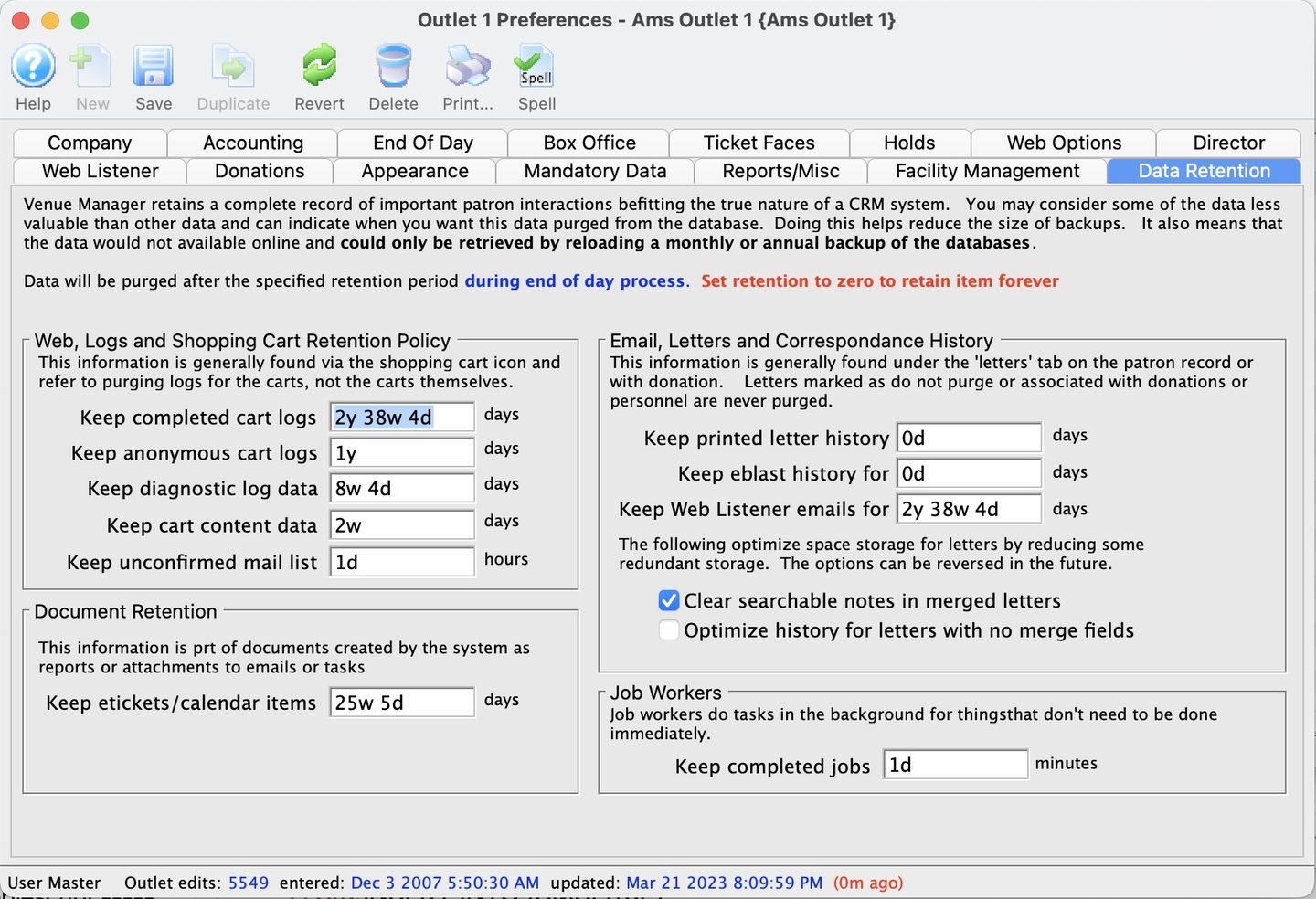 Data Retention Tab