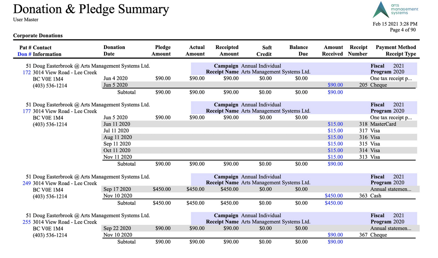 Donor & Pledge Summary with Payments