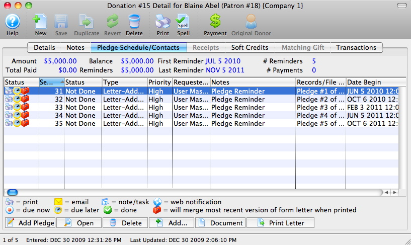 Donation Pledge Schedule/Contacts Tab