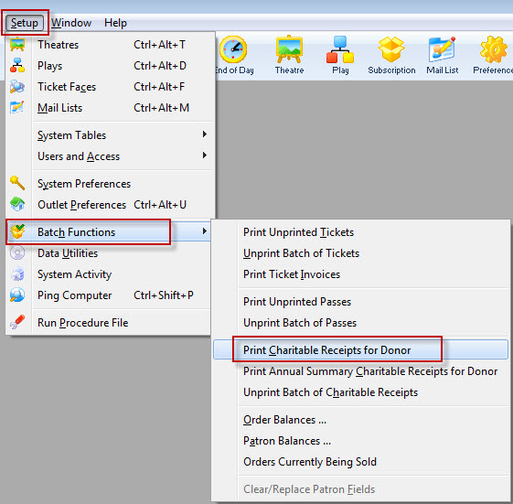 Setup >> Batch Functions >> Print Charitable Receipts for Donor