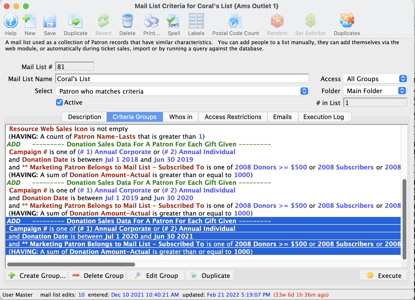 Criteria Groups Tab