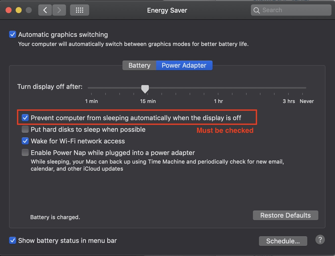 Turn Off Energy Saver Options in Sys Prefs