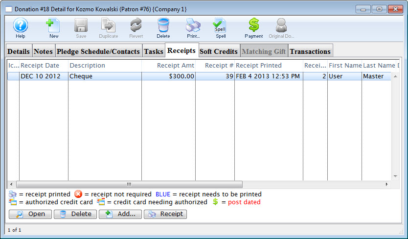 Donation Detail Window > Receipt Tab