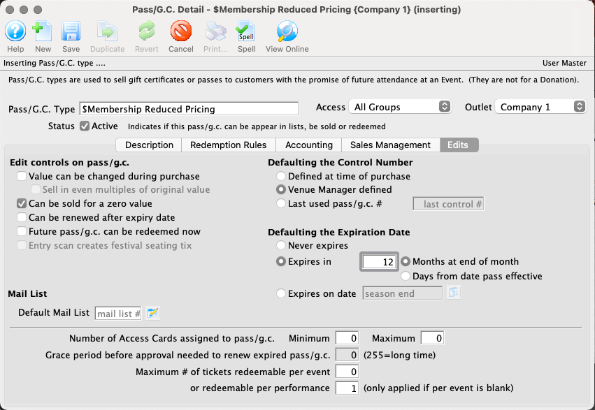 Pass Setup Detail Window >> Edits Tab