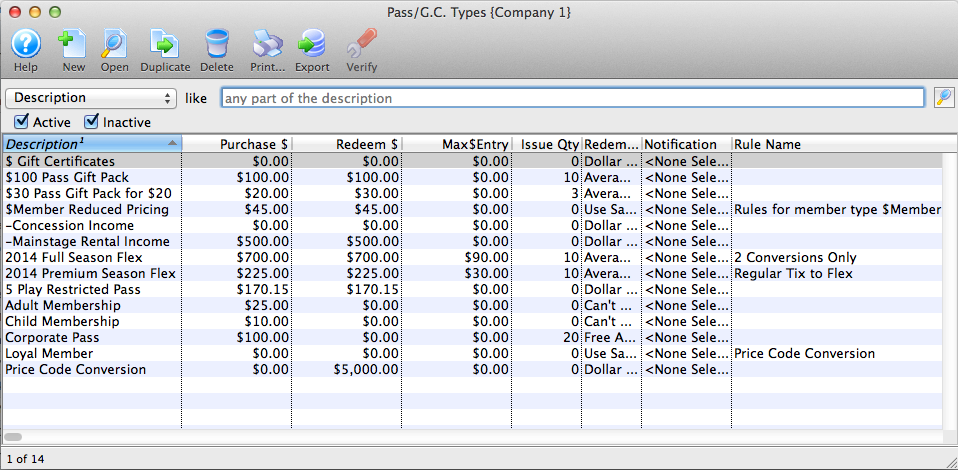 Pass Setup List Window