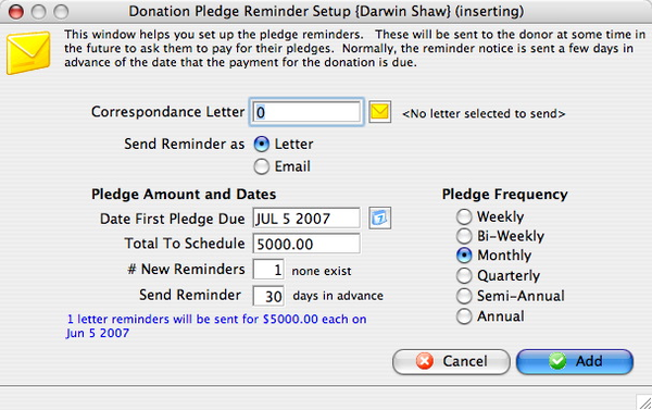 Donation Pledge Reminder Setup Window