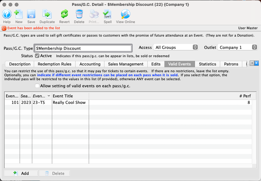 Pass Setup Detail Window >> Valid Plays Tab