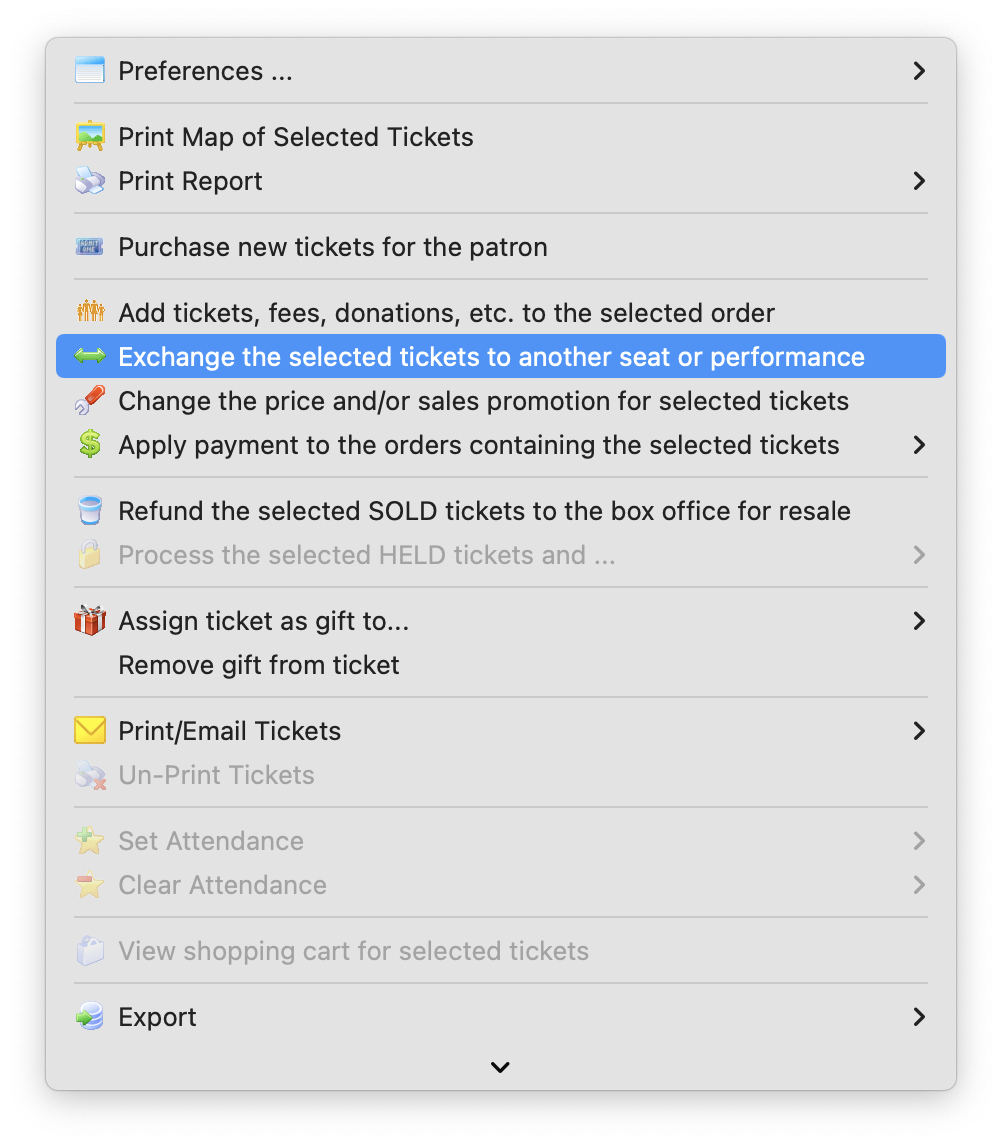 Context Menu for Exchanging Tickets