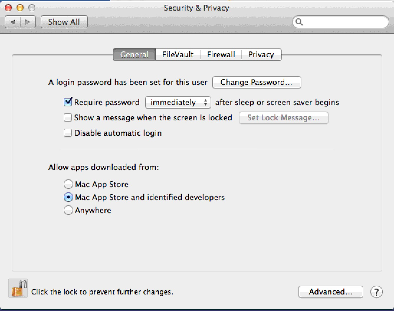 Sys Prefs >> Security & Privacy >> General Tab