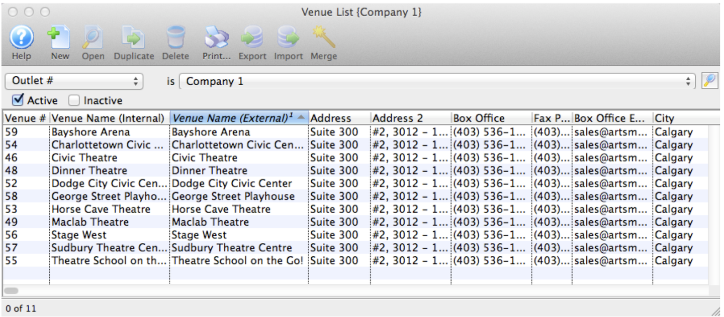 The Venue List window opens.