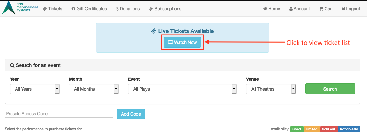 Online Store Ticket Page When Logged In with Available Virtual Content