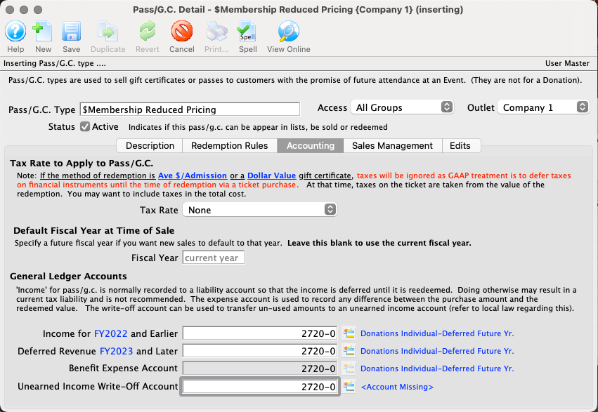 Pass Setup Detail Window >> Accounting Tab