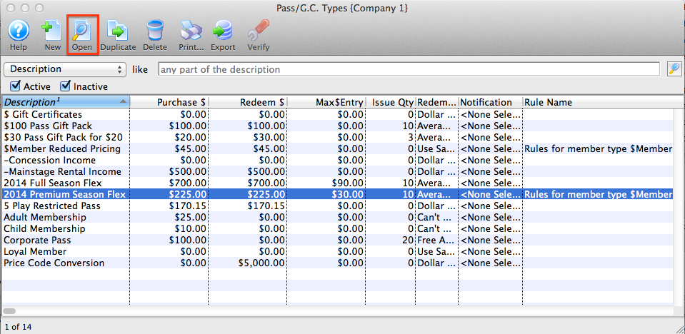 Pass Setup List Window