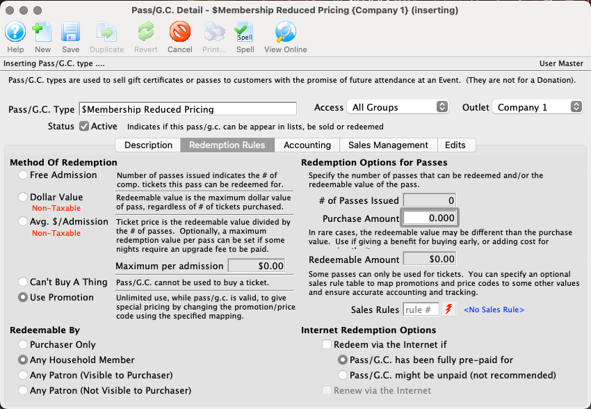 Pass Setup Detail Window >> Redemption Rules Tab