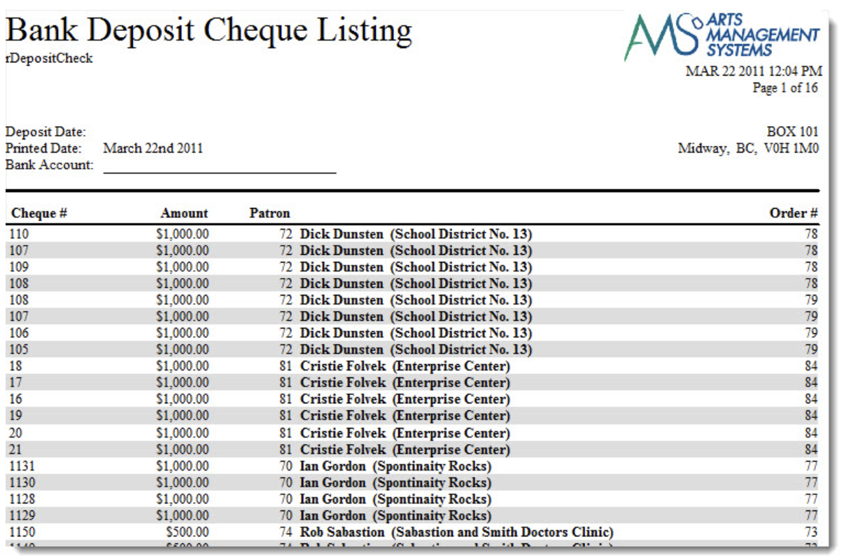 Bank Deposit Check Listing